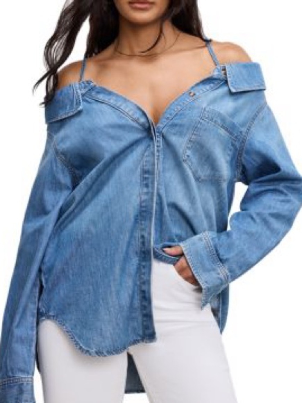 Good American| Light Blue Chambray Off-the-Shoulder Denim Button-Down Top Sz S